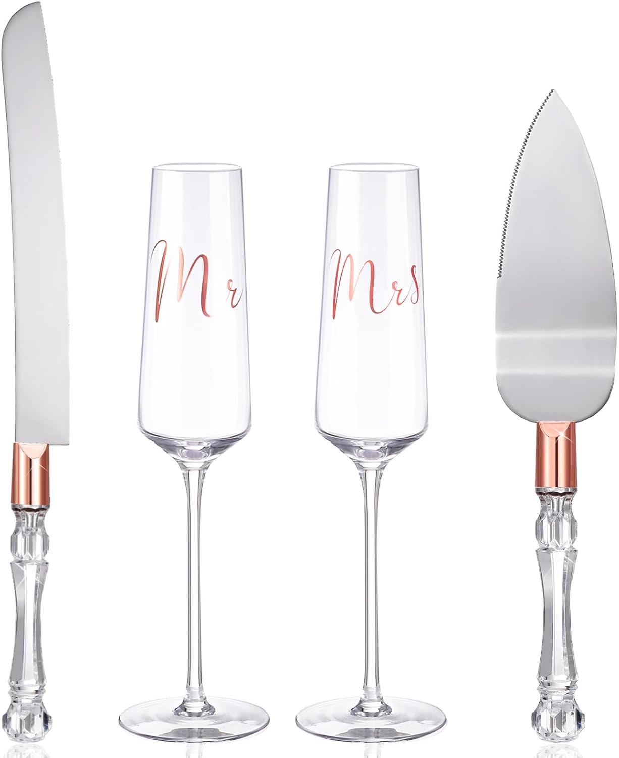 Boao 4 Pieces Wedding Toasting Flutes and Cake Server Set Wedding Reception Supplies Champagne Glasses Cake Knife Pie Server (Rose Gold,Classic)