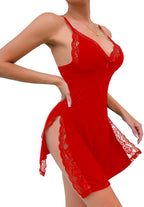 Foxiny Sexy Split Side Floral Lace Trim Full Slip Night Gown Babydoll Lingerie Dress with Thong 2 piece