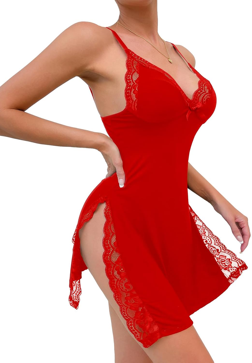 Foxiny Sexy Split Side Floral Lace Trim Full Slip Night Gown Babydoll Lingerie Dress with Thong 2 piece