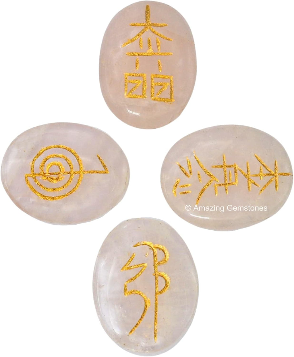 Amazing Gemstone Rose Quartz Crystal Reiki Stones with Engraved Symbols for Usui Reiki Healing, Set of 4 Pcs (Indian Handmade Reiki Gift Set)