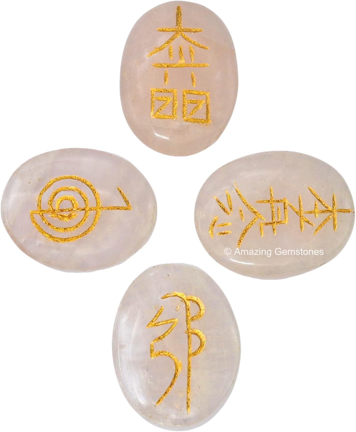 Amazing Gemstone Rose Quartz Crystal Reiki Stones with Engraved Symbols for Usui Reiki Healing, Set of 4 Pcs (Indian Handmade Reiki Gift Set)