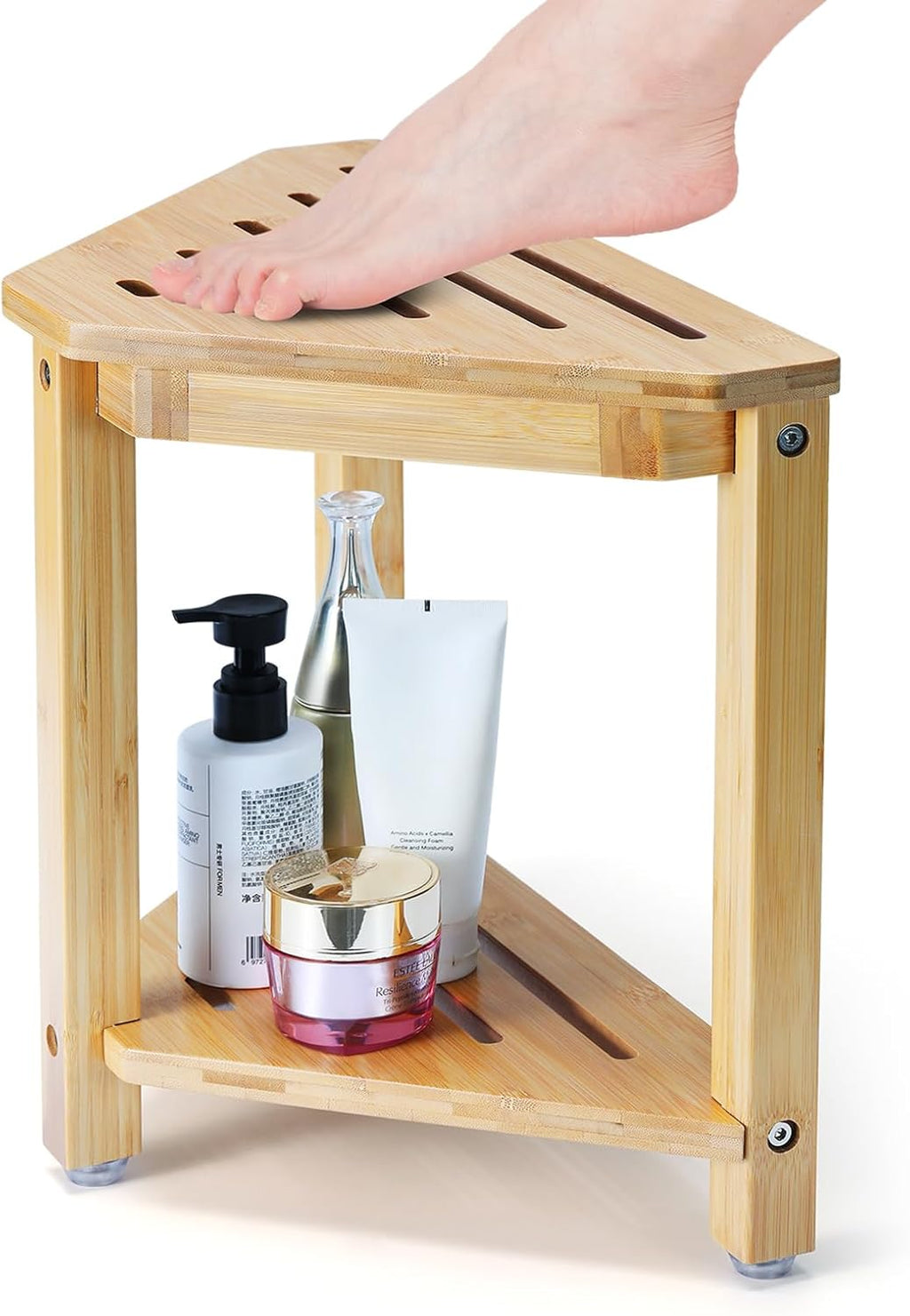 Boulphia Shower Foot Rest 13.8in, Bamboo Shower Stool for Shaving Legs, Waterproof Corner Shower Stool with Storage Shelf, Shower Foot Stool for Inside Small Shower Spaces