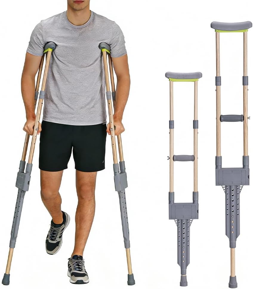 Lightweight Aluminum Wood Grain Cane Crutches for Adults & Elderly (5.92ft-6.75ft Height Fit) – Adjustable, Built-in Storage, 250lb Capacity, Mobility Aid for Walking Support