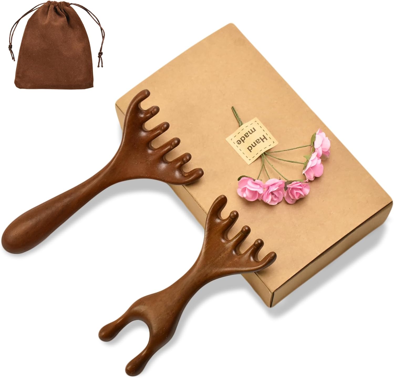 2PCS Wooden Gua Sha Massage Comb Set – Golden Sandalwood Head & Scalp Massager Tools for Stress Relief, Meridian Therapy, and Relaxation Gifts for Men & Women