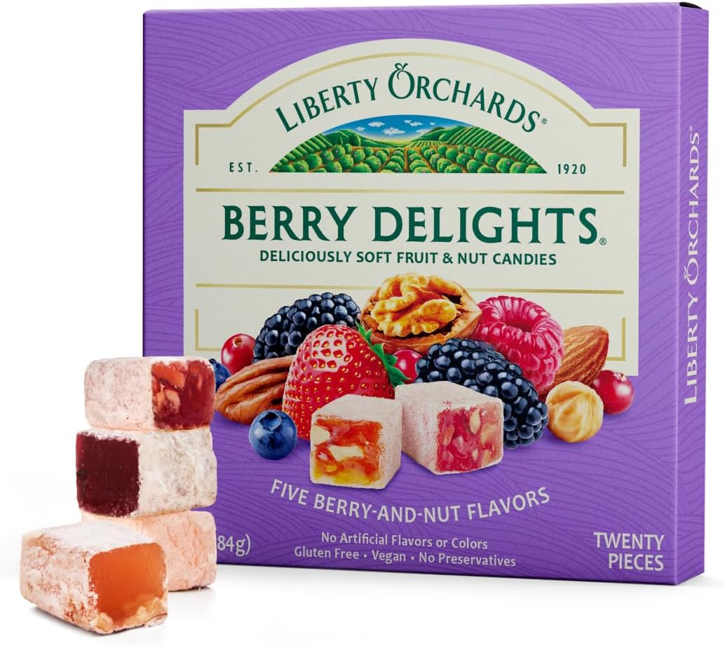 Liberty Orchards, Berry Delights - Assorted Vegan Berry Snack, Gluten Free, Lokum Nuts Strawberry, Blueberry Walnut Turkish Delight Candy Gift Box 10 Oz