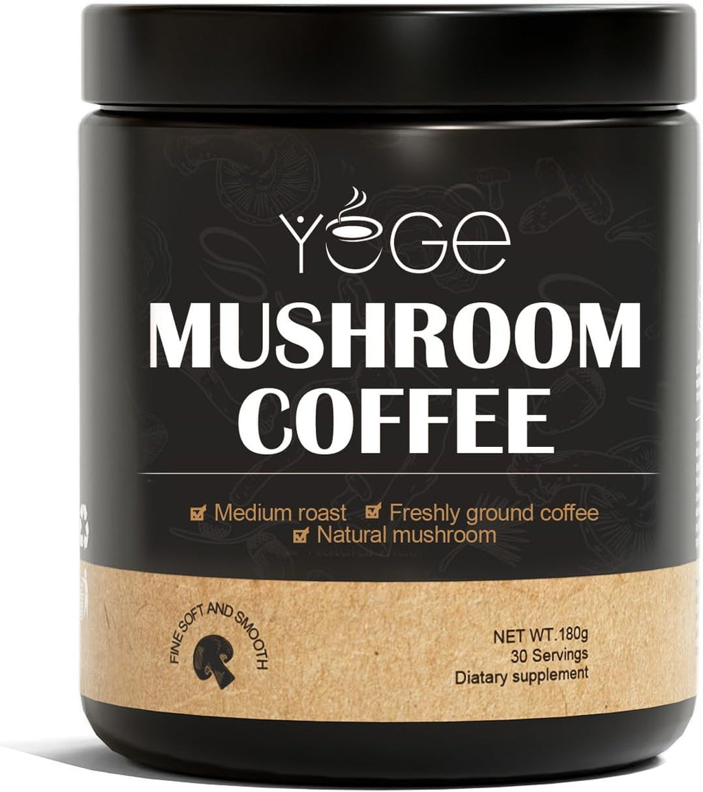 YEGE Mushroom Coffee Organic, 6 Mushroom Blend Cordyceps, Reish, King Trumpet, Shitake, Turkey Tail, Lions Mane for better Focus, Energy, Digestion and Immunity（30 Servings）