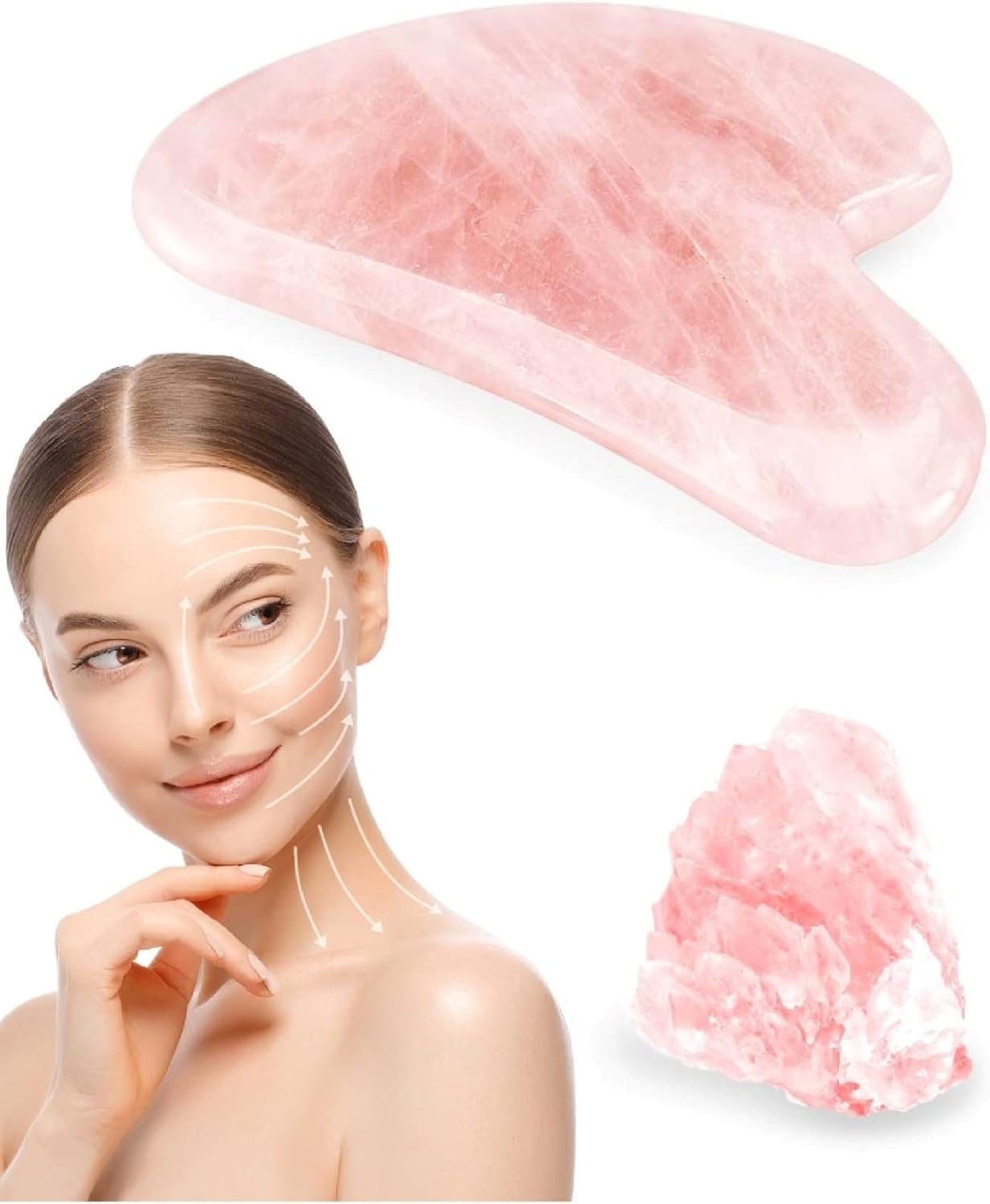 Natrual Rose Quartz Gua Sha Facial Tools | Guasha Tool for Face Sculpting, Shaping, Reduce Puffiness, Tension Relief | Massage Stone for Eyes, Face and Body