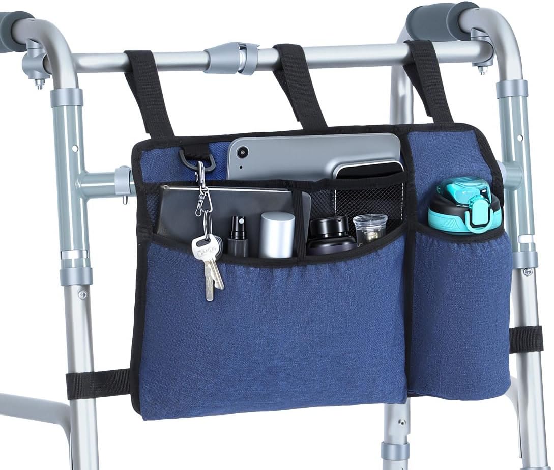 Premium Walker Bag with Cup Holder, Large Capacity Walker Basket for Folding Walkers, Blue Waterproof Oxford Cloth Walker Storage Bags, Walker Accessories for Seniors Elderly, Handicap