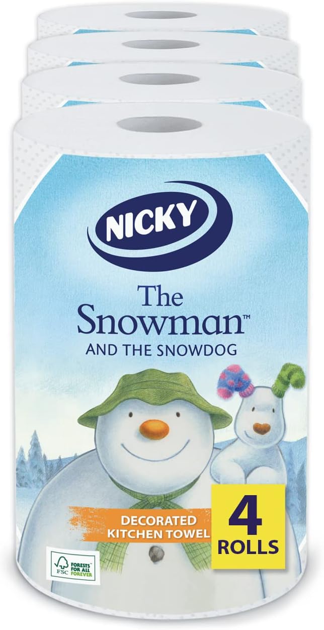 Nicky Snowman Super Roll Kitchen Towel | Pack of 4 Rolls | 2-ply Absorbent Paper for Kitchens | Embossed | Christmas Decorated Sheets | Multi-Purpose Decorated Kitchen Towels | 100% FSC Certified