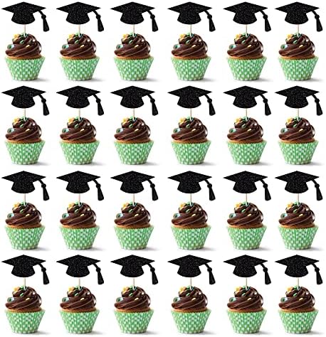24pcs Graduation Cupcake Topper - Black Glitter Graduation Cap Graduation Diploma Cupcake Topper- Class Of 2024 Graduation Party Cake Decorations (Black Glitter)