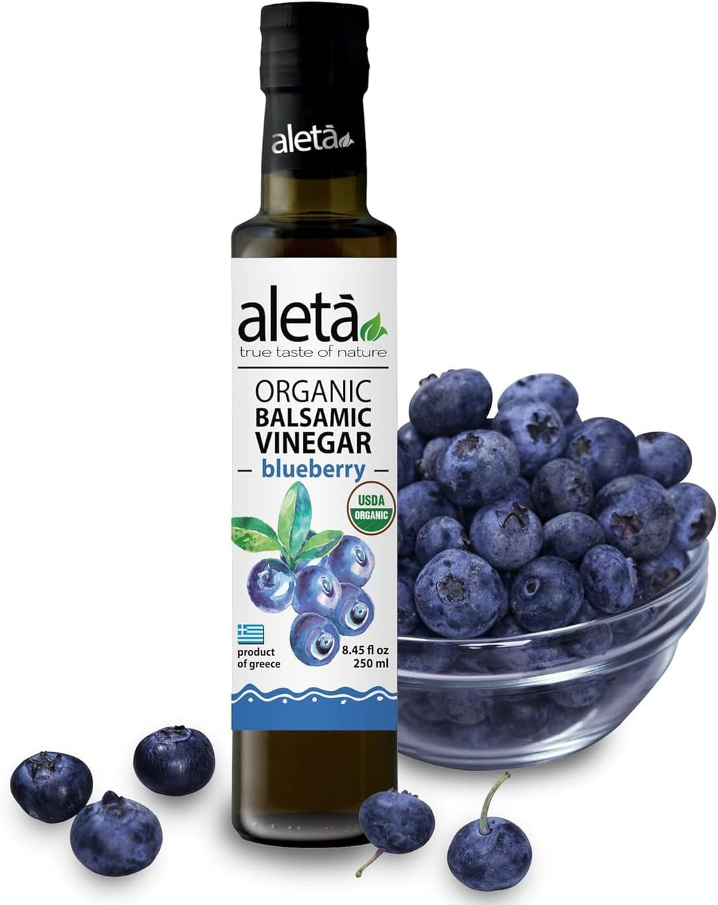 Aleta Farms Balsamic Vinegar, Greek Organic Blueberry Infused Aged Balsamic Vinegar, USDA Organic, Perfect for Salad Dressings, toast, Desserts, Glass Bottle, 8.45 fl oz (Blueberry)