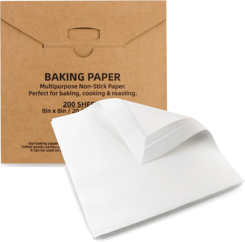 200 Pcs 8x8 Inch Parchment Paper Sheets,Food Grade Precut Baking Paper, Non-Stick & Greaseproof Square Pan Liners for Cake Pan, Air Fryer, Baking - White