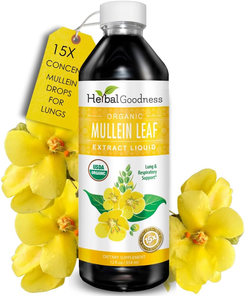 Herbal Goodness Mullein Drops for Lungs - Respiratory Support, Mullein Leaf Extract for Lungs, Bronchial & Lung Detox for Smokers, Organic Wild Mullen as Tea, Pills, Tincture - Made in USA - 12 Fl Oz