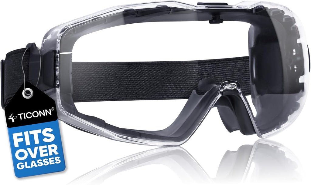 TICONN Anti-Fog Safety Goggles, Adjustable Safety Goggles Over Glasses, ANSI Z87.1 UV385 Eye Protection Glasses for Adults