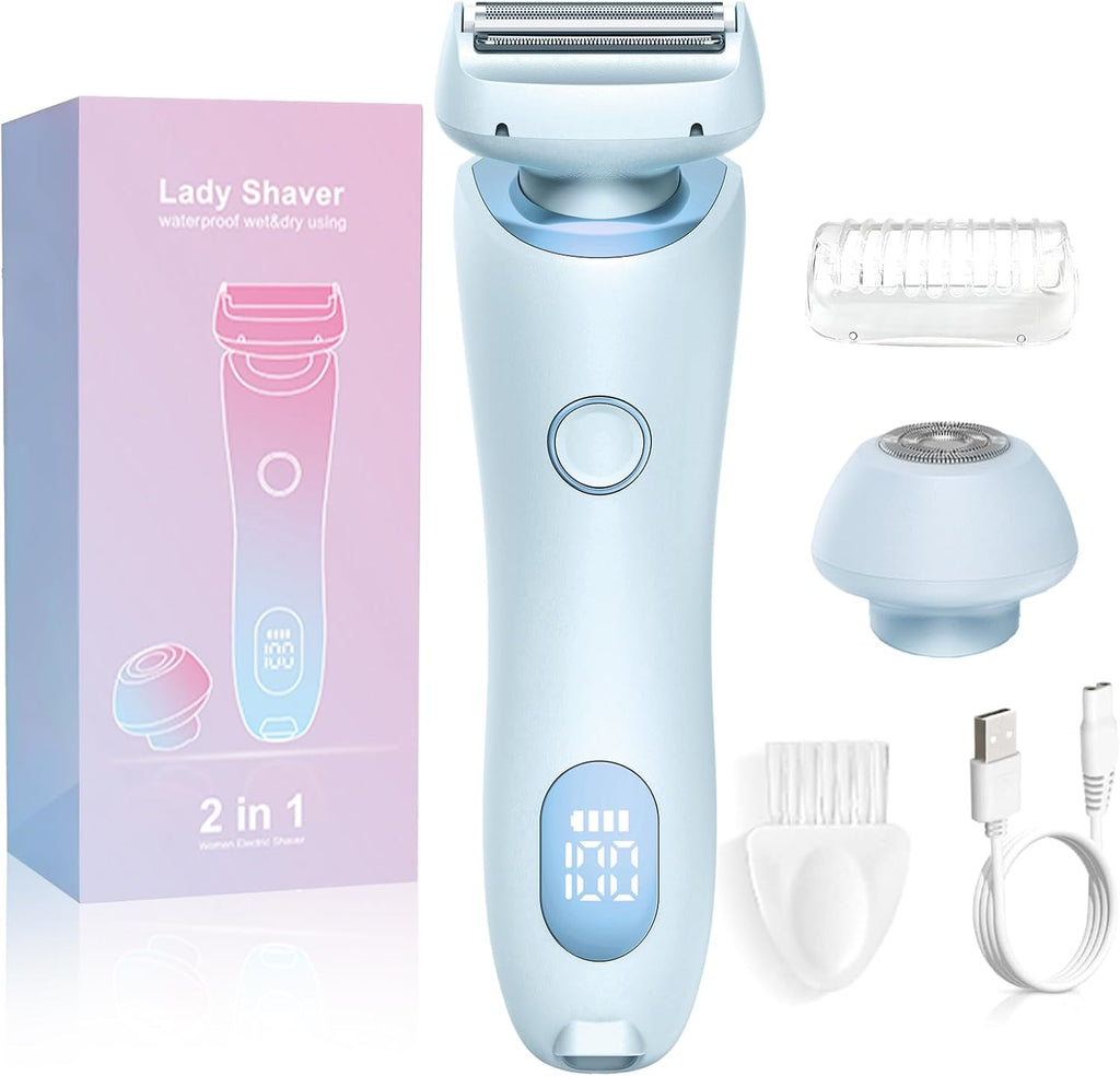 Electric Shaver for Women, 2 in 1 Waterproof Electric Razor, Silk Glide Pro Shaver, Rechargeable Cordless Hair Removal with 2 Removable Heads for Bikini, Leg, Arm, Underarm, Body (Blue)