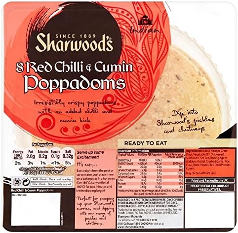 Sharwood's Spicy Chilli & Cumin Poppodums Ready to Eat (8) - Pack of 6