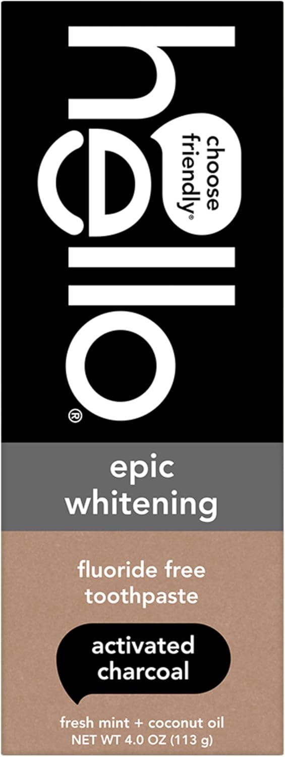 hello Epic Whitening Charcoal Fluoride Free Toothpaste, Activated Charcoal Toothpaste with Coconut Oil, Whitens Teeth Naturally, SLS Free, Fresh Mint, 4.0 Oz Tube