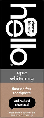 hello Epic Whitening Charcoal Fluoride Free Toothpaste, Activated Charcoal Toothpaste with Coconut Oil, Whitens Teeth Naturally, SLS Free, Fresh Mint, 4.0 Oz Tube