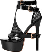 Women's High Stiletto Heels Platform Mesh Buckle Open Toe Ankle Strap Dress Shoes Sandals
