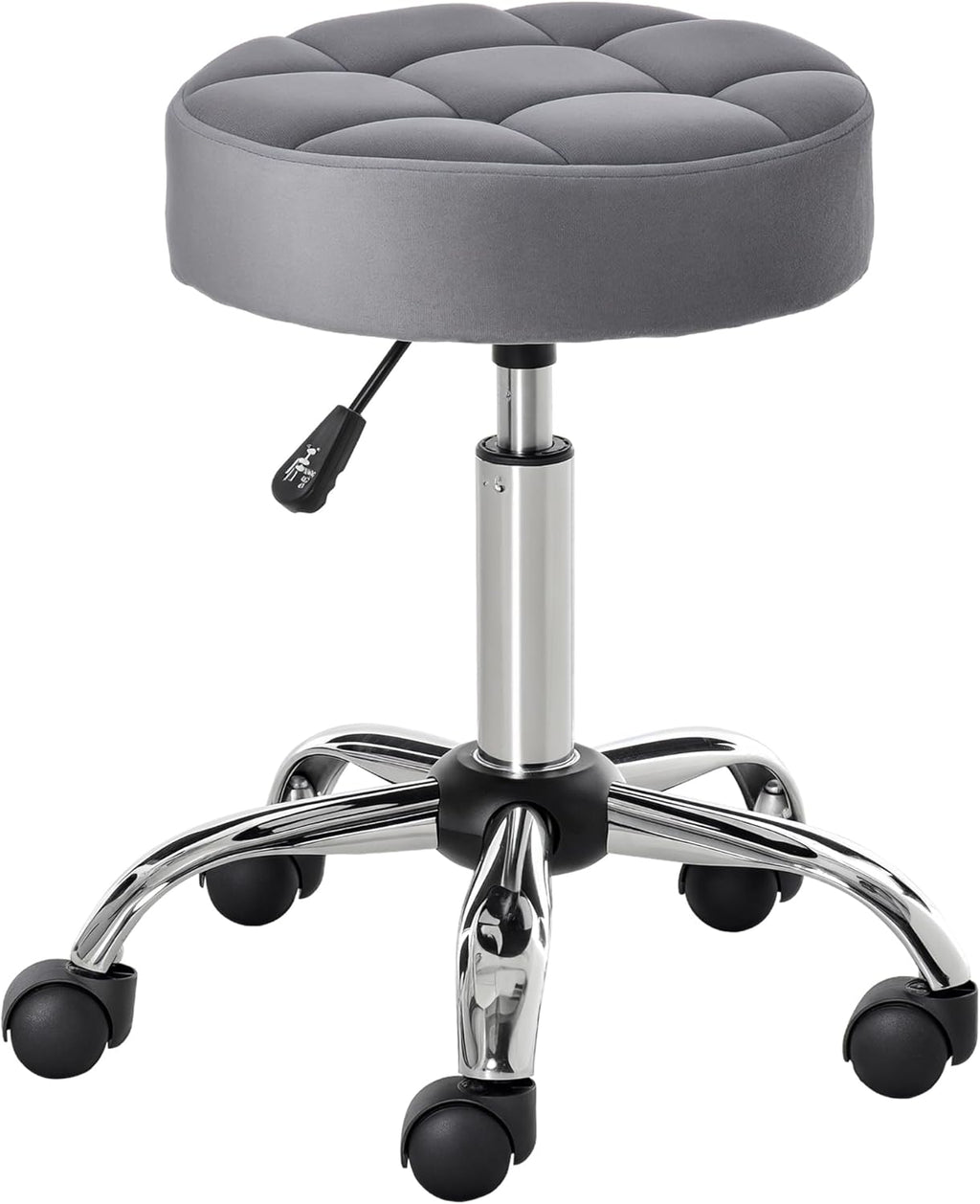 HOMCOM Round Rolling Stool with Height Adjustable Lift, Vanity Chair with Luxury Style Upholstery, Office Chair with Swivel Seat and Wheels for Work Spa Salon, Grey