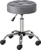 HOMCOM Round Rolling Stool with Height Adjustable Lift, Vanity Chair with Luxury Style Upholstery, Office Chair with Swivel Seat and Wheels for Work Spa Salon, Grey
