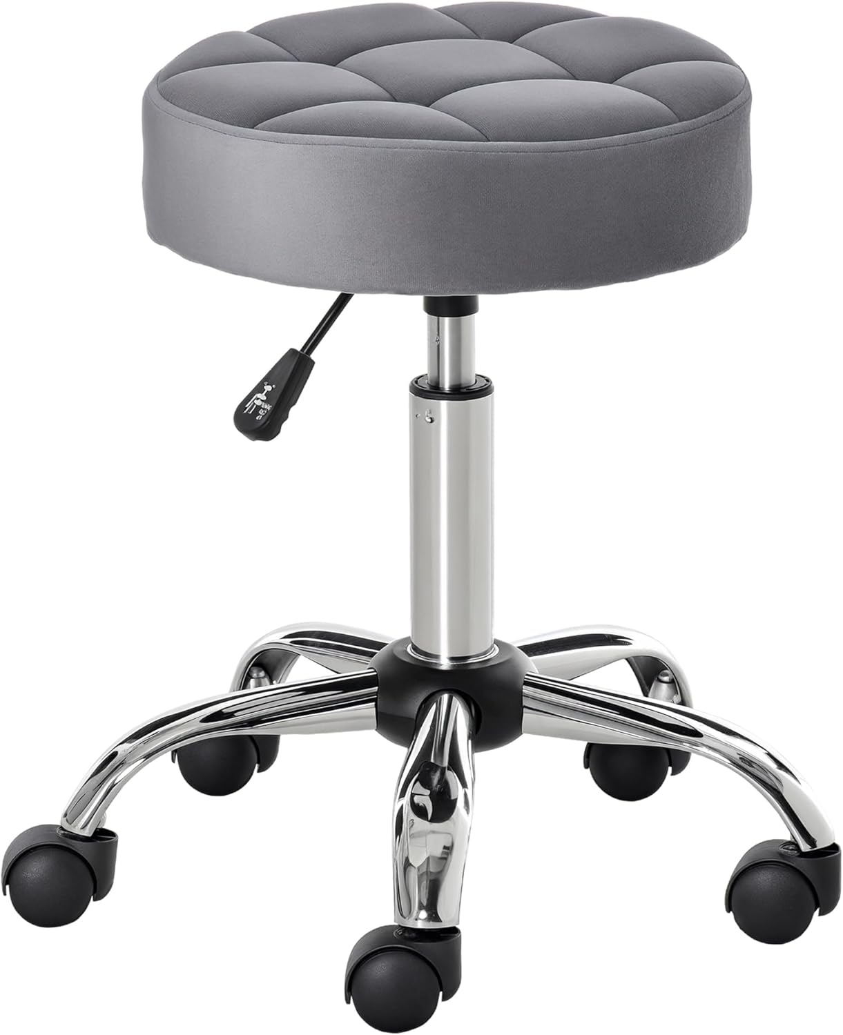 HOMCOM Round Rolling Stool with Height Adjustable Lift, Vanity Chair with Luxury Style Upholstery, Office Chair with Swivel Seat and Wheels for Work Spa Salon, Grey