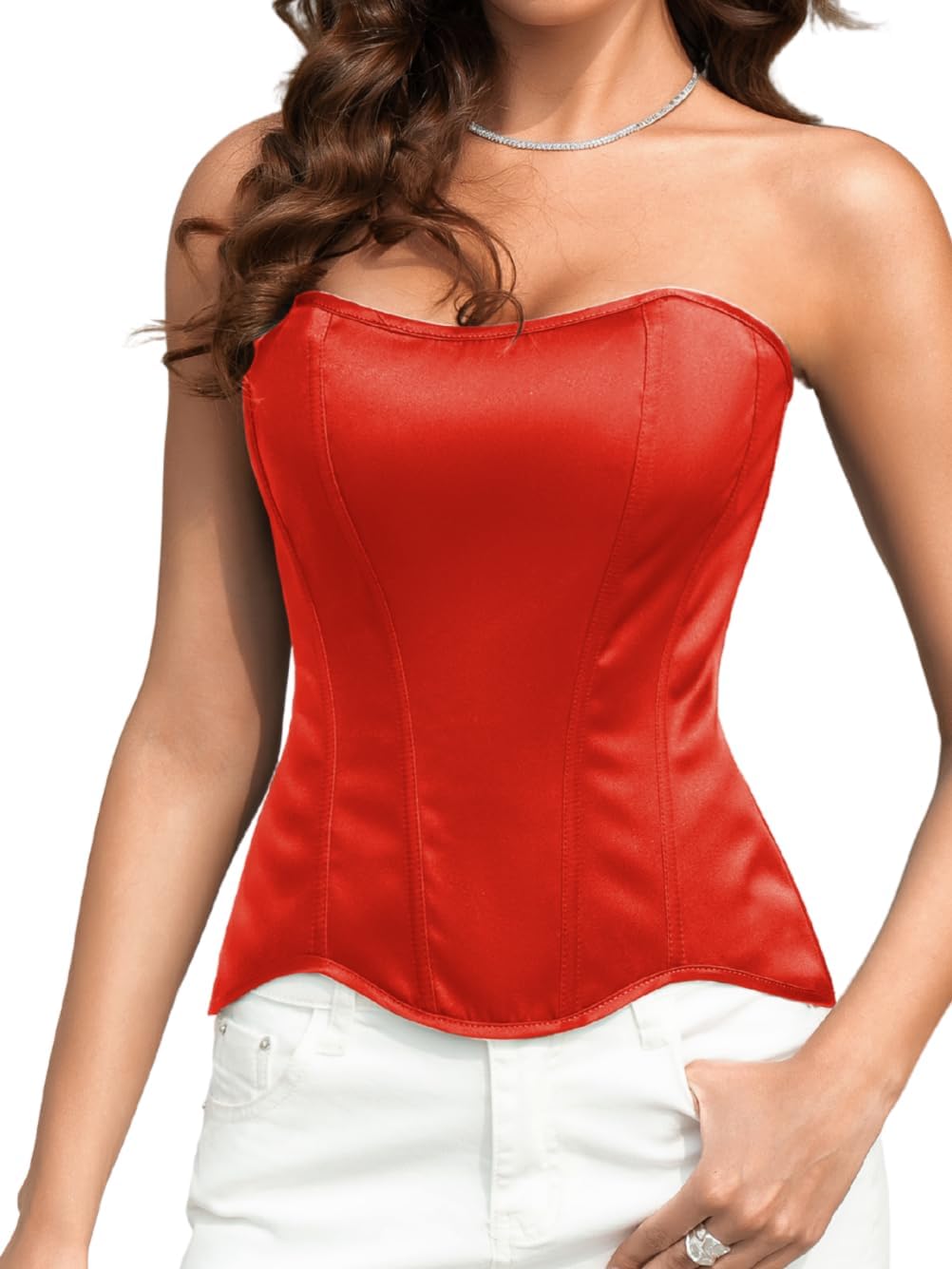 ChiaoLezhee Women's Lustrous Satin Corset, Strapless Overbust Lace-Up Shapewear, Elegant Wedding Guest Dinner Outfits