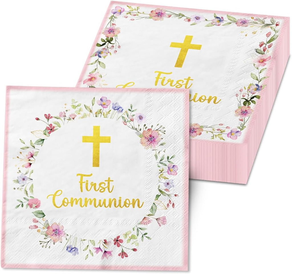 First Communion Napkins Decorations, 40Pcs Pink Communion Napkins God Bless Baptism Birthday Supplies Paper Napkins for Christening Celebration Baby Shower Communion Party Supplies