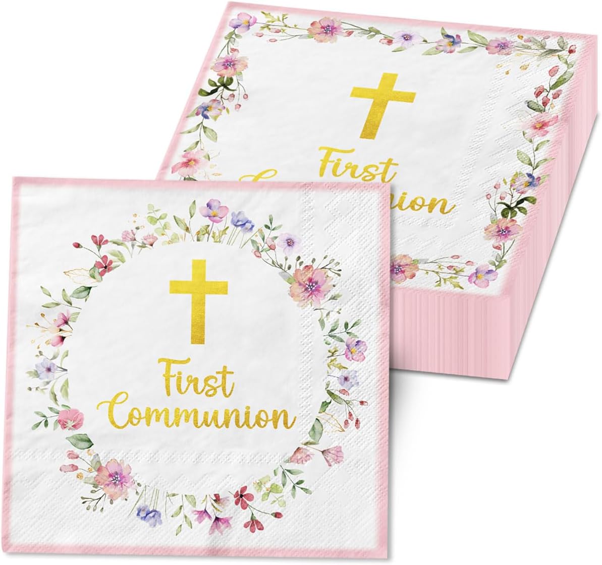 First Communion Napkins Decorations, 40Pcs Pink Communion Napkins God Bless Baptism Birthday Supplies Paper Napkins for Christening Celebration Baby Shower Communion Party Supplies