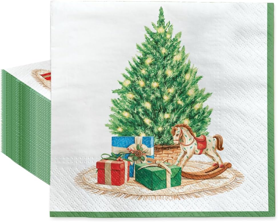 PAW - Christmas Luncheon Napkins 6,5'' x 6,5'', Xmas Tree Disposable Paper Napkins with Cozy Christmas Motive, Lunch Napkins for Winter Birthdays, Parties, New Years, Decoupage, 50 Count