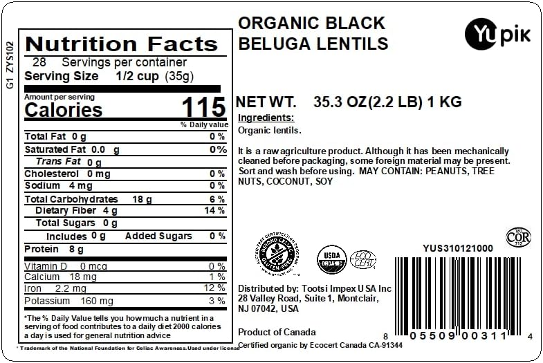 Yupik Organic Black Beluga Lentils, 2.2 lb (35.3 oz), Non-GMO, Vegan, Gluten-Free, Kosher, Raw, Sugar-Free - Rich in Protein, Fiber & Iron, Perfect for Soups & Salads