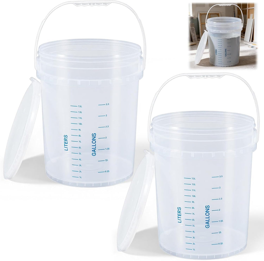 Lounsweer 2 Pack Clear 5 Gallon Bucket with Lid & Handle, Graduated Measuring Mixing Bucket Pail HDPE BPA-Free Storage Container Leakproof for Stirring Mixing Liquids