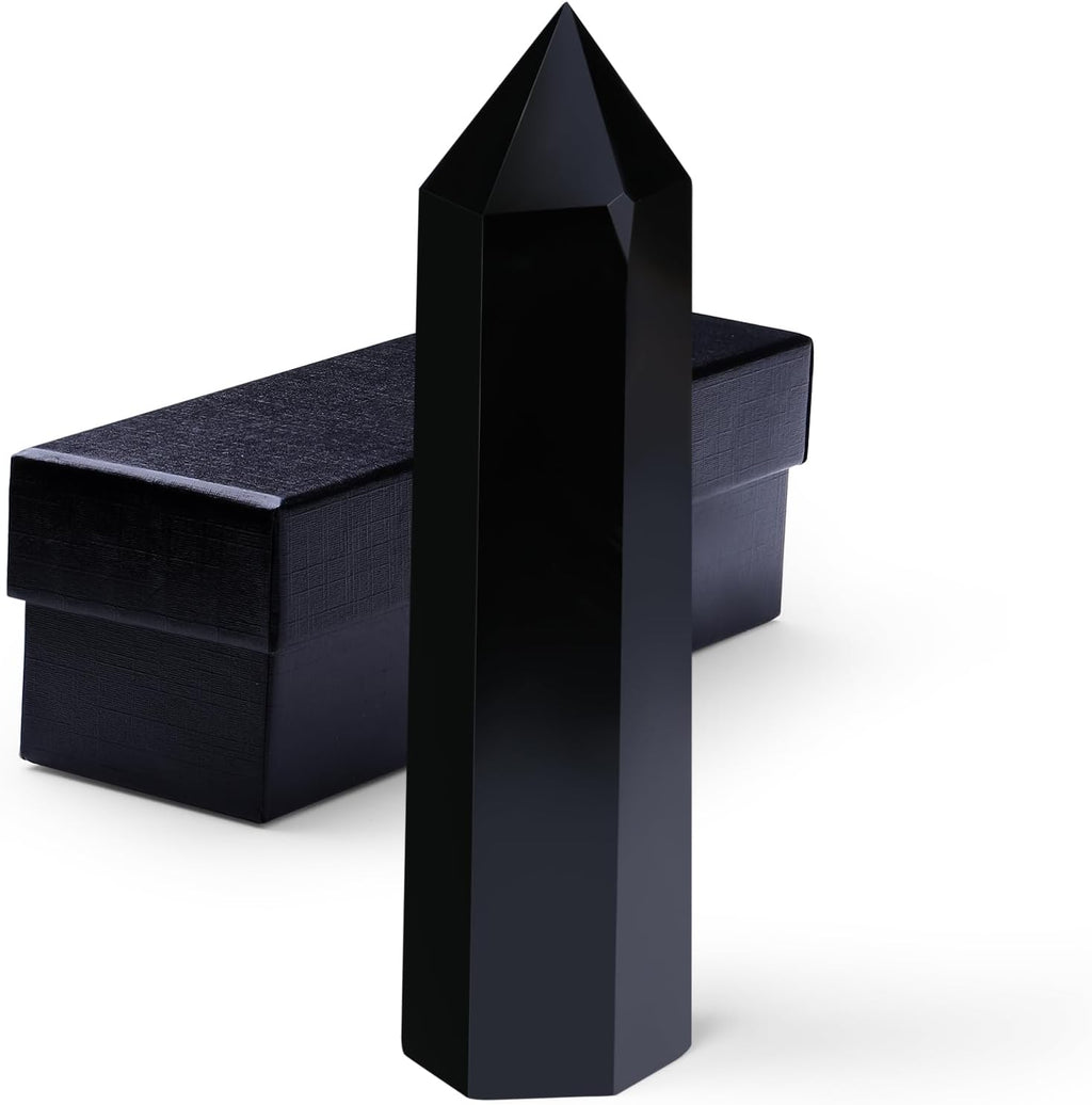 ZHIYUXI 3.7-4" Obsidian Crystals Wand Black Healing Crystals Tower Hexagonal Pointed 1 Pc Stone Large Crystals Reiki Energy Balancing Meditation Therapy Gemstones Decoration Gifts
