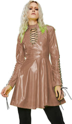 Women PVC Long Sleeve Dress Vinyl Hollow Out A-Line Dress High Waist Above Knee Mini Party Dress,Light Brown,4XL