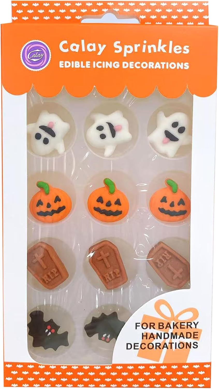 Sentovac 12 Pcs Halloween Icing Decoration Edible Tombstone Pumpkin Ghost Bat Mix Candy Dessert Sprinkles DIY For Cookie Cake Cupcake Topper Icing Frosting Decoration Supplies