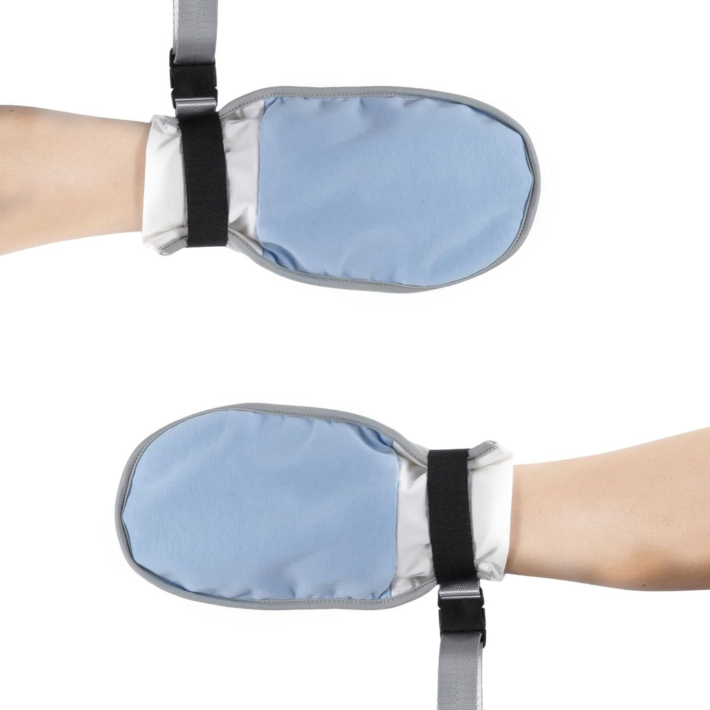 2-Pack Medical Restraint Gloves for Elderly & Dementia Patients, Anti-Scratch Medical Mittens with Removable Ties, Soft Skin-Friendly Hand Control Mitts for Dementia Safety with Finger Ring, Blue