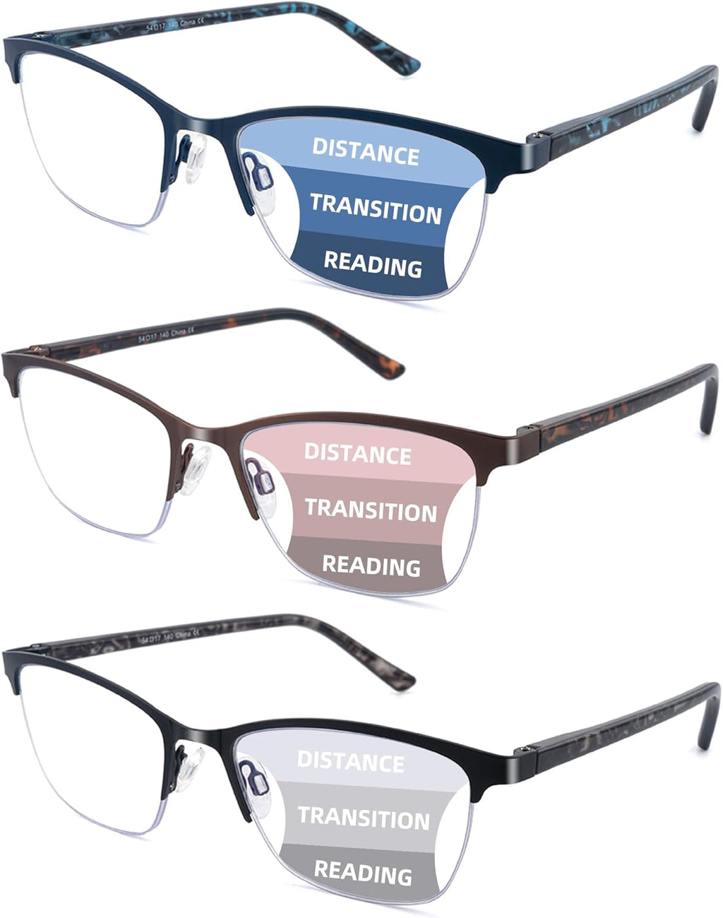 HIYANJN progressive reading glasses for women men No Line Blue Light Multifocal Readers Metal Computer Eyeglasses 3pk