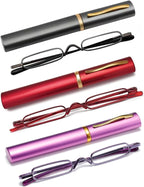 3 Pack Slim Pen Reading Glasses Metal Frame & Case Compact Portable Spring Hinge Eyeglasses for Women Men (Gunmetal, Red, Purple, +2.50)