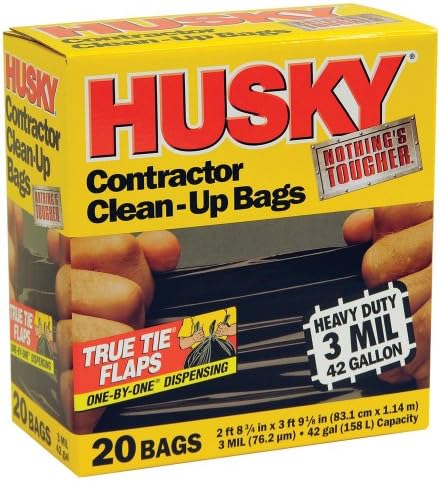 Husky HK42WC020B 42-Gallon Polyethylene Resin Contractor Clean-Up Bags, 20 Count, 2 ft 8.75in L x 3 ft 9.13 in W x 3 mil T, Black
