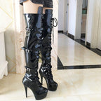 denova's Women's Patent 6in Very High Heel Lace Up Platform Pole Dance Over-The-Knee Thigh High Boot with Zipper