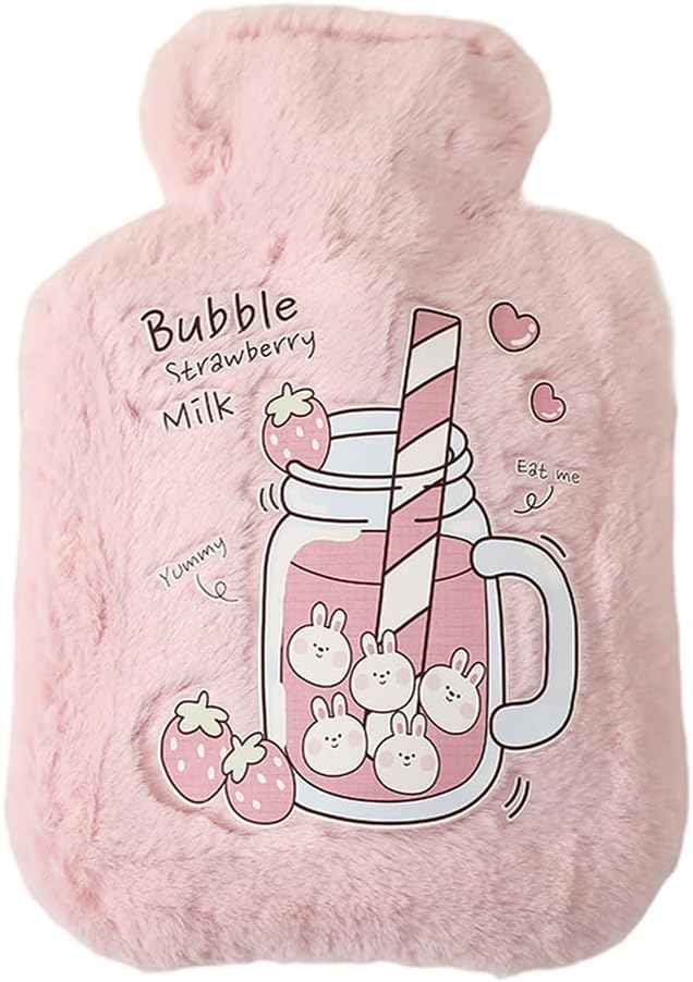 Cute Hot Water Bottles, 1L (34oz) Durable Large Hot Water Bag with Cartoon Faux Fur Plush Cover for Hot and Cold Compress Hand Feet Warmer Hand Warmer for Neck and Shoulder