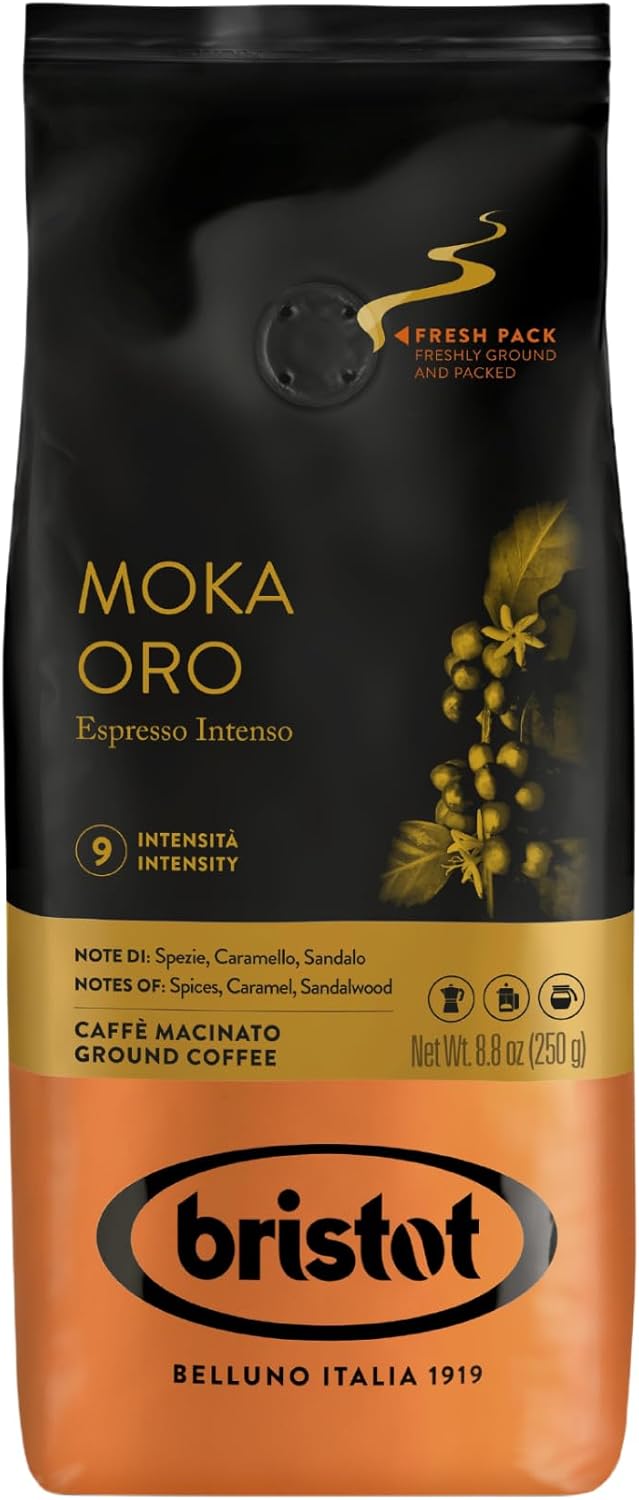 Bristot Moka Oro Ground Coffee – Italian Espresso – Medium Roast – Notes of Spices, Caramel & Sandalwood – For Moka, French Press, Pour Over – 8.8oz (250g)