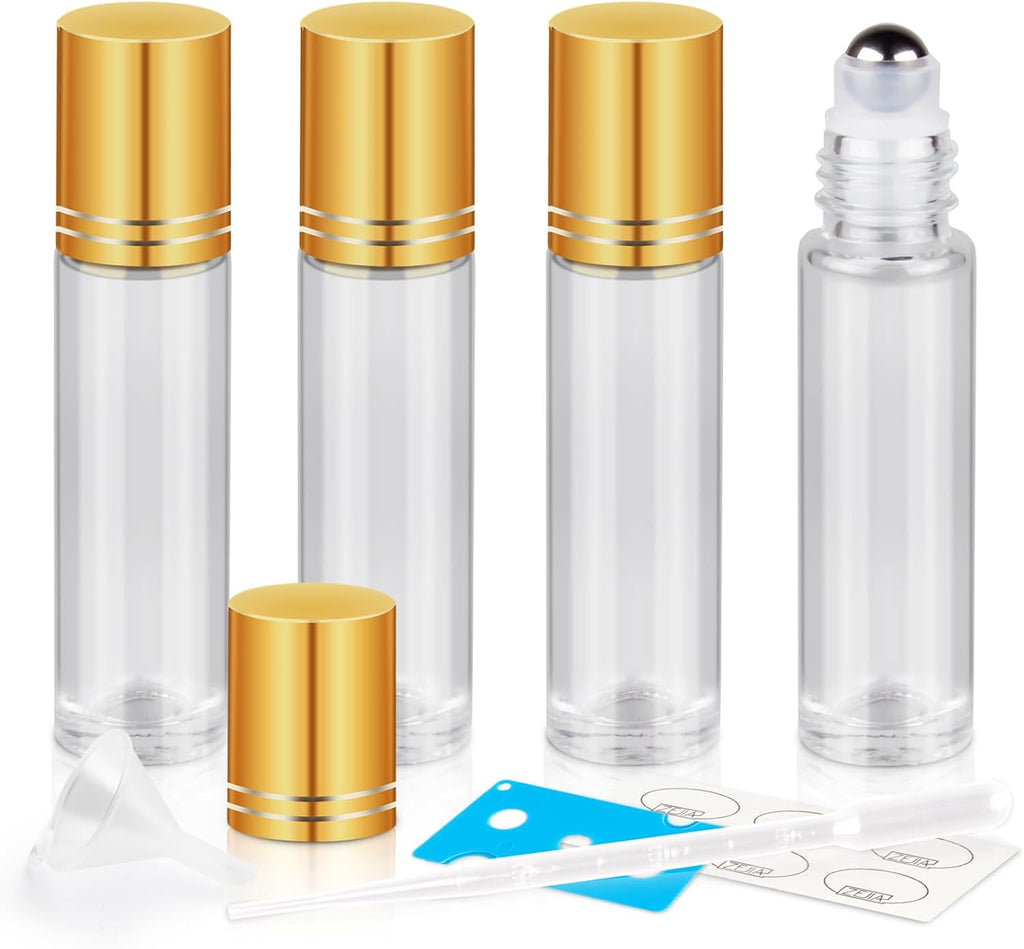 ZEJIA 10ml Roller Bottles for Essential Oils, 4 Pack Glass Roll on Bottles, Refillable Perfume Bottle, with Stainless Steel Roller Balls, 2 Droppers, 1 Opener, Labels (Clear)