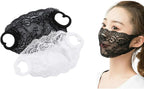 2 Pack Single Layer Lace Mask Sunscreen Masks Mesh Hollow Face Shield Mask Half Face Cover Travel Mask for Women and Girls(Black+White)