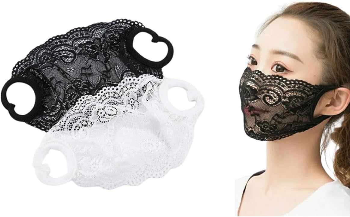 2 Pack Single Layer Lace Mask Sunscreen Masks Mesh Hollow Face Shield Mask Half Face Cover Travel Mask for Women and Girls(Black+White)