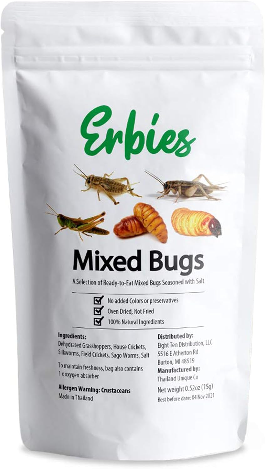 Erbies Edible Bug Mixed Trail Mix, 15g Bag, Seasoned and Crunchy Insects, Crickets, Grasshoppers, Silkworm Pupae, and Sago Worms, Protein Packed Unique Snacks, Fun Snacks Gift Idea, 1-Pack