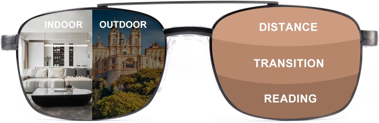Photochromic Progressive Reading Glasses for Men, No-Line Multifocal Readers，Metal Frame with Spring Hinge