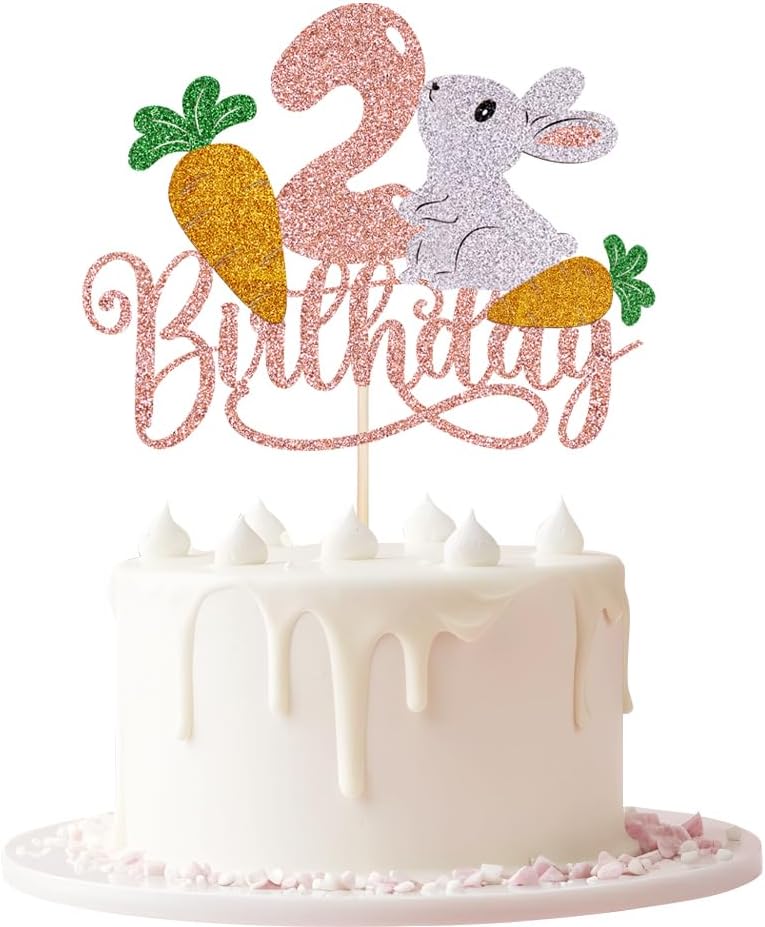 Two Cake Topper,Easter Bunny Cake Topper，2nd Birthday Cake Decor,Boys and Girls 2nd Birthday Party Decorations supplies (Two-year-old rabbit)