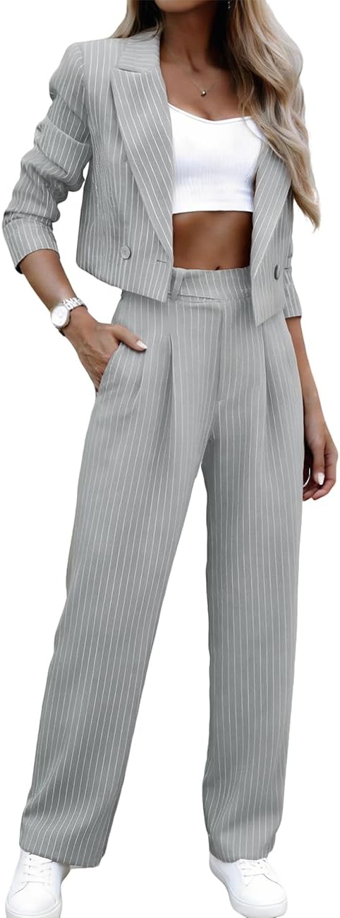 Women's 2 Piece Striped Blazer Jacket & Pants Set - Cropped High Waisted Wide Leg for Daily Work & Streetwear