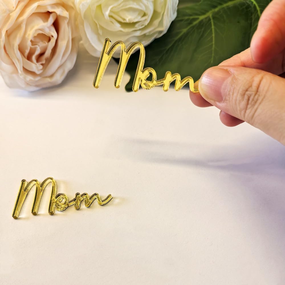 15pcs of Mom Cake Plaque,Acrylic Mum Cupcake Topper, Mothers Day Cake Toppers,Mummy Cake Topper for MOM Cake Topper,Mother's Day Decorations (4'', Gold Mirror)
